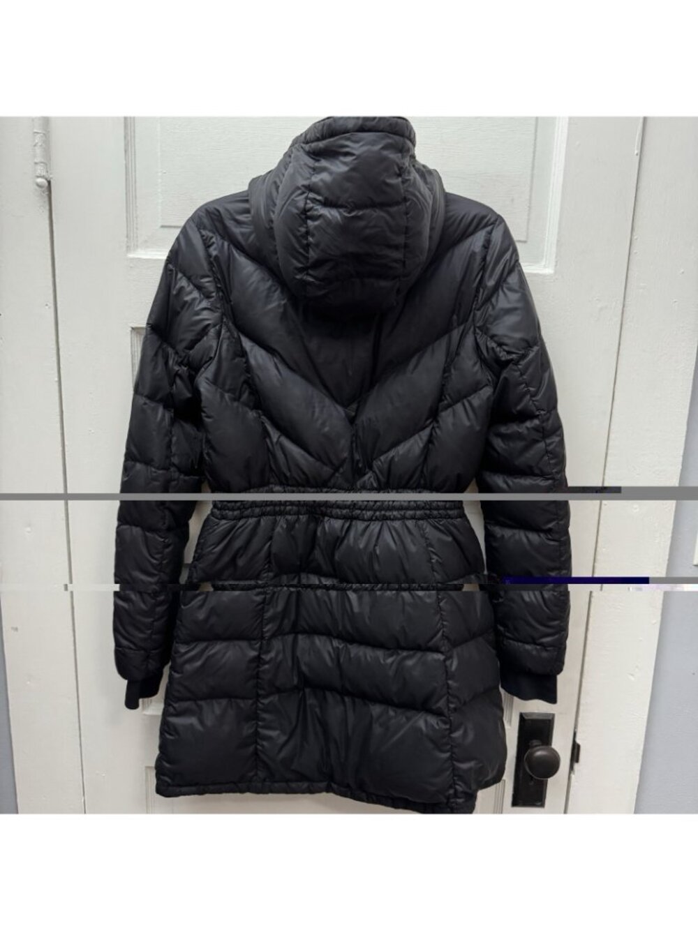 Athleta Goose Down Puffer Coat Women Medium Black Hooded Long Jacket - Picture 6 of 10